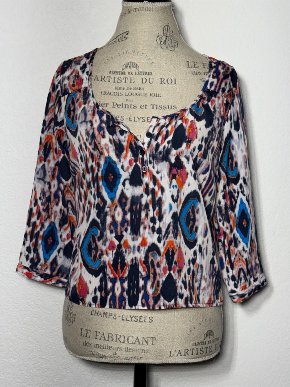 Love Squared Multicolor Printed Henley Top - Navy, Teal, Orange, Pink, White